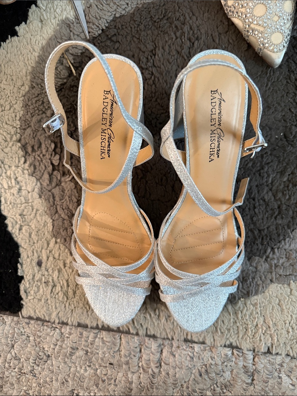 Badgley Mischka Silver Sparkle Strappy Heels